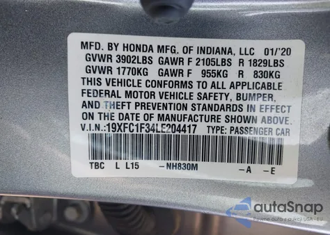 2020 Honda Civic Ex z USA, uszkodzony, nr VIN 19XFC1F34LE204417